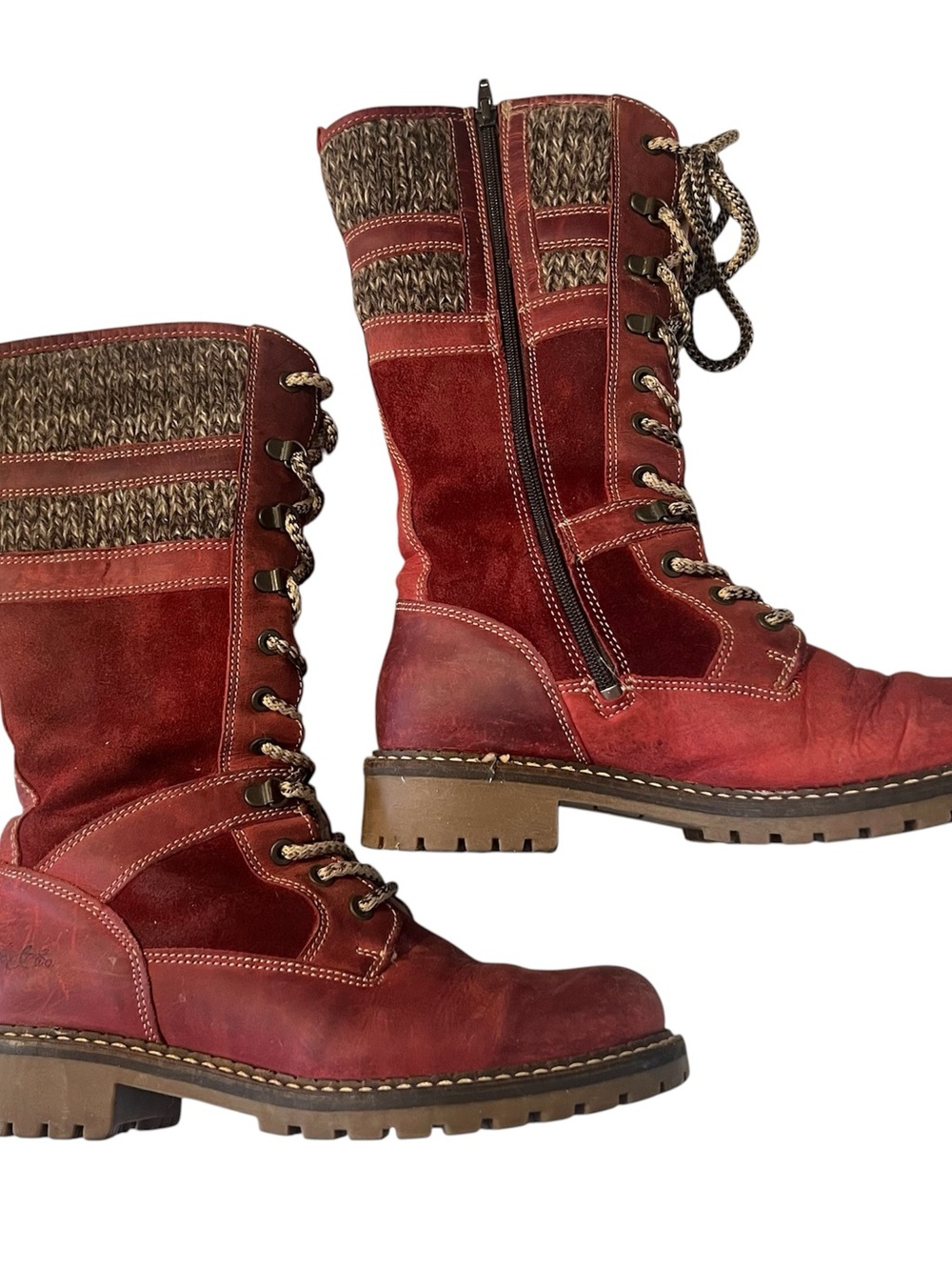 Bos & Co. Holding Boots Womens 39 Tall Winter Knee-High Lace Up Block Heels Red